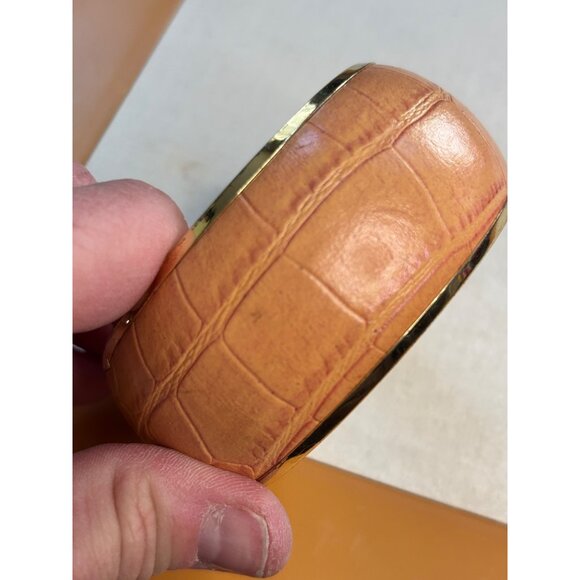 Gold-Tone Wide Bangle Bracelet With Faux Croc Embossed Orange Leather Design - Picture 3 of 7
